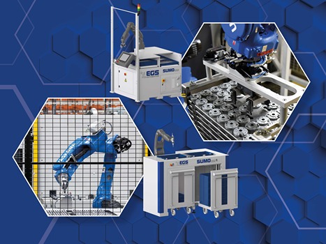 Roboterzelle zur Automation auf blauem Hintergrund von EGS Automation